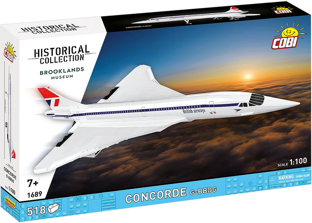 Front of the COBI Concorde G-BBDG box showing the aircraft flying above clouds