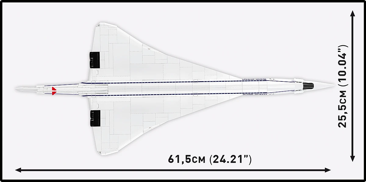 Top view of the COBI Concorde G-BBDG showing its 61.5 cm length and 25.5 cm wingspan