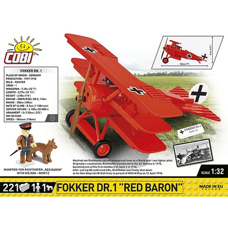 COBI Fokker Dr.1 Red Baron 221 piece building set back panel showing the triplane, pilot figure, dog figure and model dimensions