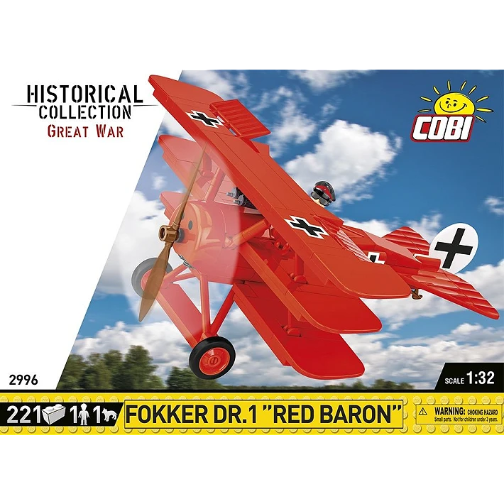 COBI Fokker Dr.1 Red Baron 221 piece building set front panel showing the red triplane model