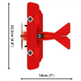 Top view of the COBI Fokker Dr.1 Red Baron model showing 18 cm length and 22.5 cm wingspan