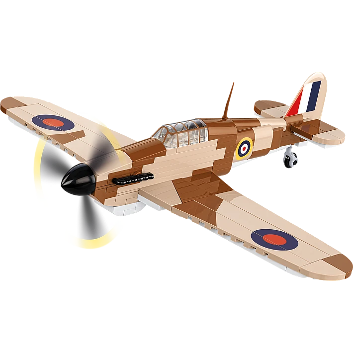 Brown and tan COBI Hawker Hurricane Mk. I aircraft model shown from the front and side