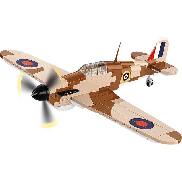 Brown and tan COBI Hawker Hurricane Mk. I aircraft model shown from the front and side