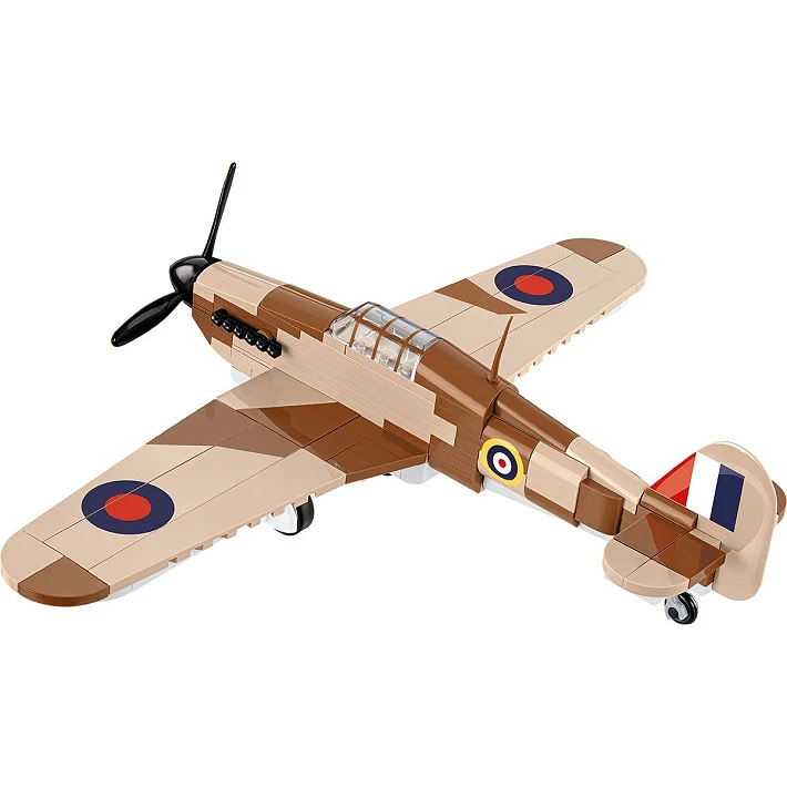 Brown and tan COBI Hawker Hurricane Mk. I aircraft model shown from the rear and side