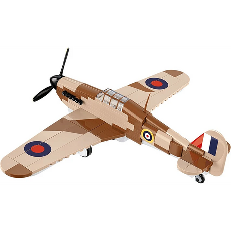 Brown and tan COBI Hawker Hurricane Mk. I aircraft model shown from the rear and side