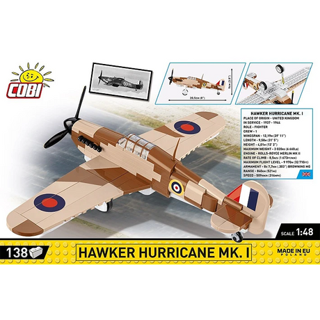 COBI Hawker Hurricane Mk. I 138 piece building set back panel showing the aircraft model, dimensions and landing gear detail