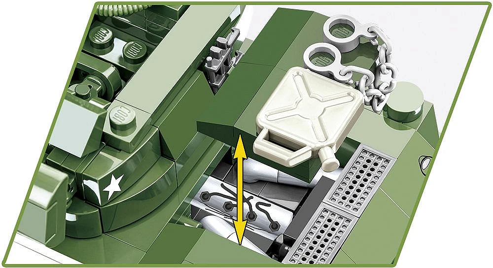 Close-up of COBI H.M.C M8 Scott engine compartment with yellow movement arrow