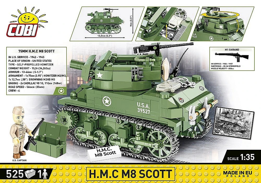 COBI H.M.C M8 Scott back packaging artwork showing model features, dimensions and soldier figure