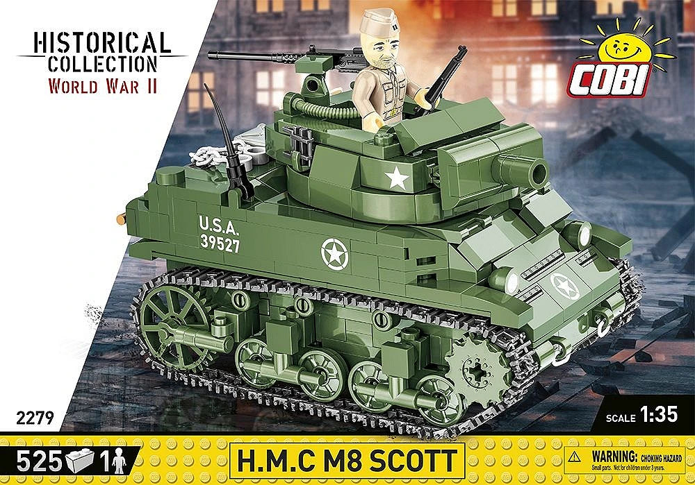 COBI H.M.C M8 Scott front packaging artwork showing the built model and soldier figure