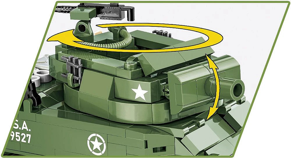 Close-up of COBI H.M.C M8 Scott turret with arrows showing rotation and cannon movement