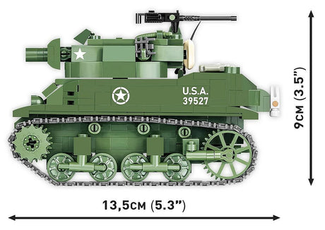 Side view of COBI H.M.C M8 Scott model showing 13.5 cm length and 9 cm height