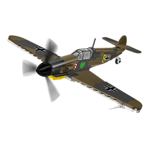 Brown and grey COBI Messerschmitt Bf-109F aircraft model shown from the front and side