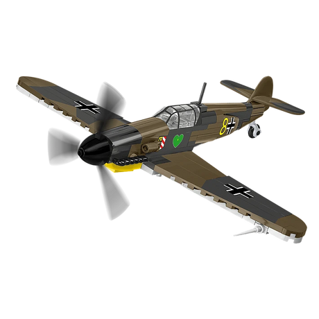 Brown and grey COBI Messerschmitt Bf-109F aircraft model shown from the front and side
