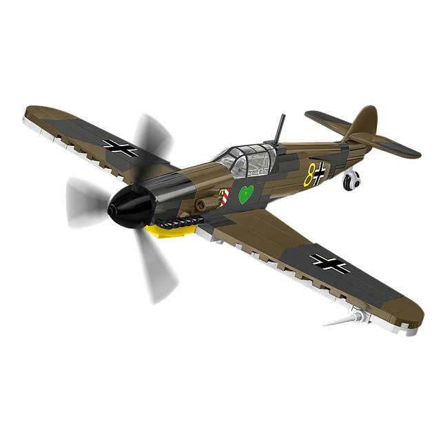 Brown and grey COBI Messerschmitt Bf-109F aircraft model shown from the front and side
