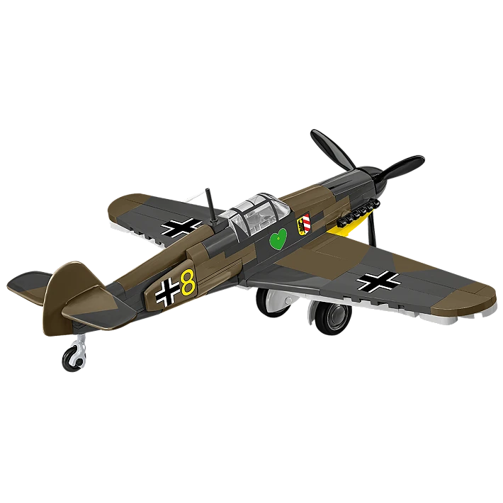 Brown and grey COBI Messerschmitt Bf-109F aircraft model shown from the rear and side