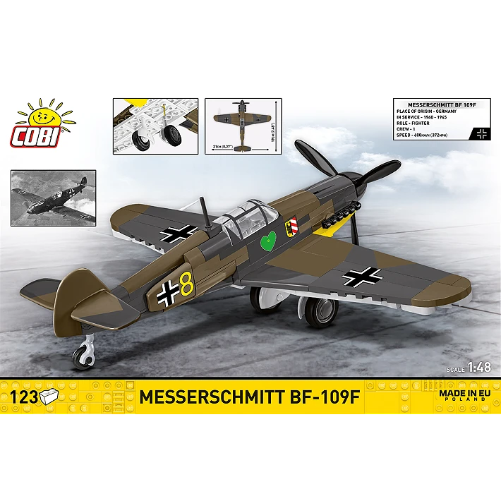 COBI Messerschmitt Bf-109F 123 piece building set back panel showing the aircraft model, dimensions and landing gear detail