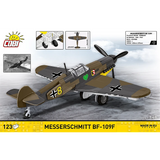 COBI Messerschmitt Bf-109F 123 piece building set back panel showing the aircraft model, dimensions and landing gear detail