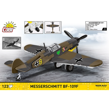COBI Messerschmitt Bf-109F 123 piece building set back panel showing the aircraft model, dimensions and landing gear detail