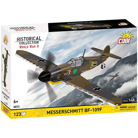 COBI Messerschmitt Bf-109F 123 piece building set box shown from the front and side