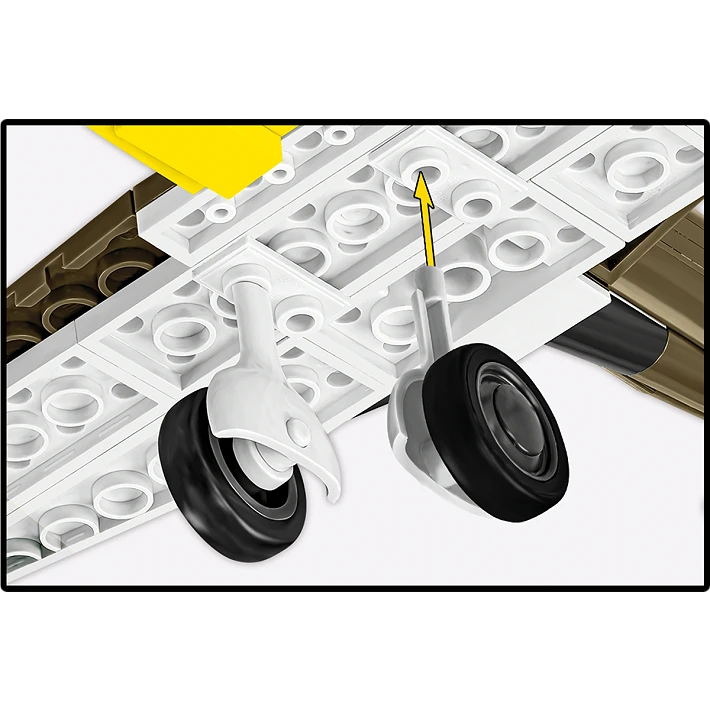 Close view of the COBI Messerschmitt Bf-109F landing gear with a movement arrow