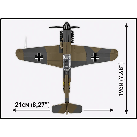 Top view of the COBI Messerschmitt Bf-109F model showing 21 cm wingspan and 19 cm length