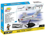 Angled back view of the COBI MiG-15 Fagot set box showing aircraft specifications and display stand
