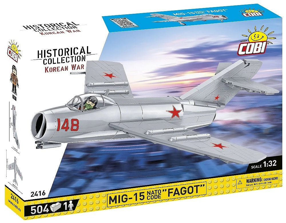 Angled front view of the COBI MiG-15 Fagot 504 piece set box
