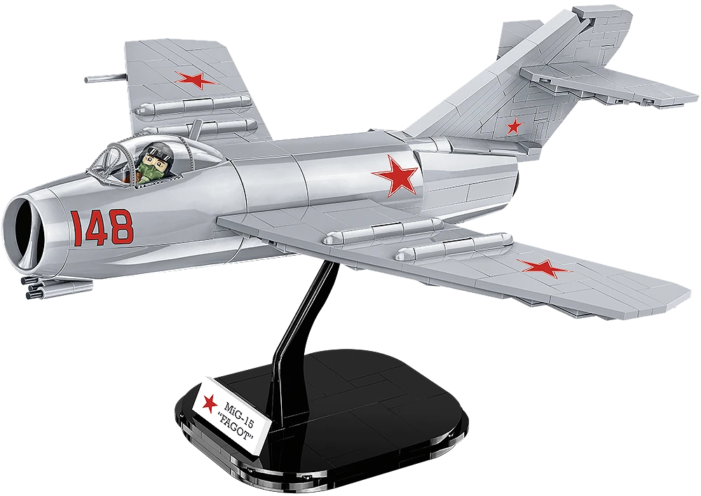 COBI MiG-15 Fagot model with pilot figure on black display stand