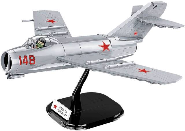 COBI MiG-15 Fagot model with pilot figure on black display stand