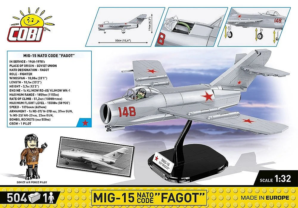 COBI MiG-15 Fagot back packaging artwork showing aircraft specifications, pilot and display stand