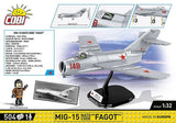 COBI MiG-15 Fagot back packaging artwork showing aircraft specifications, pilot and display stand