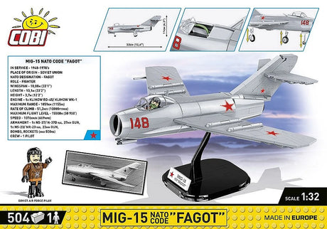 COBI MiG-15 Fagot back packaging artwork showing aircraft specifications, pilot and display stand