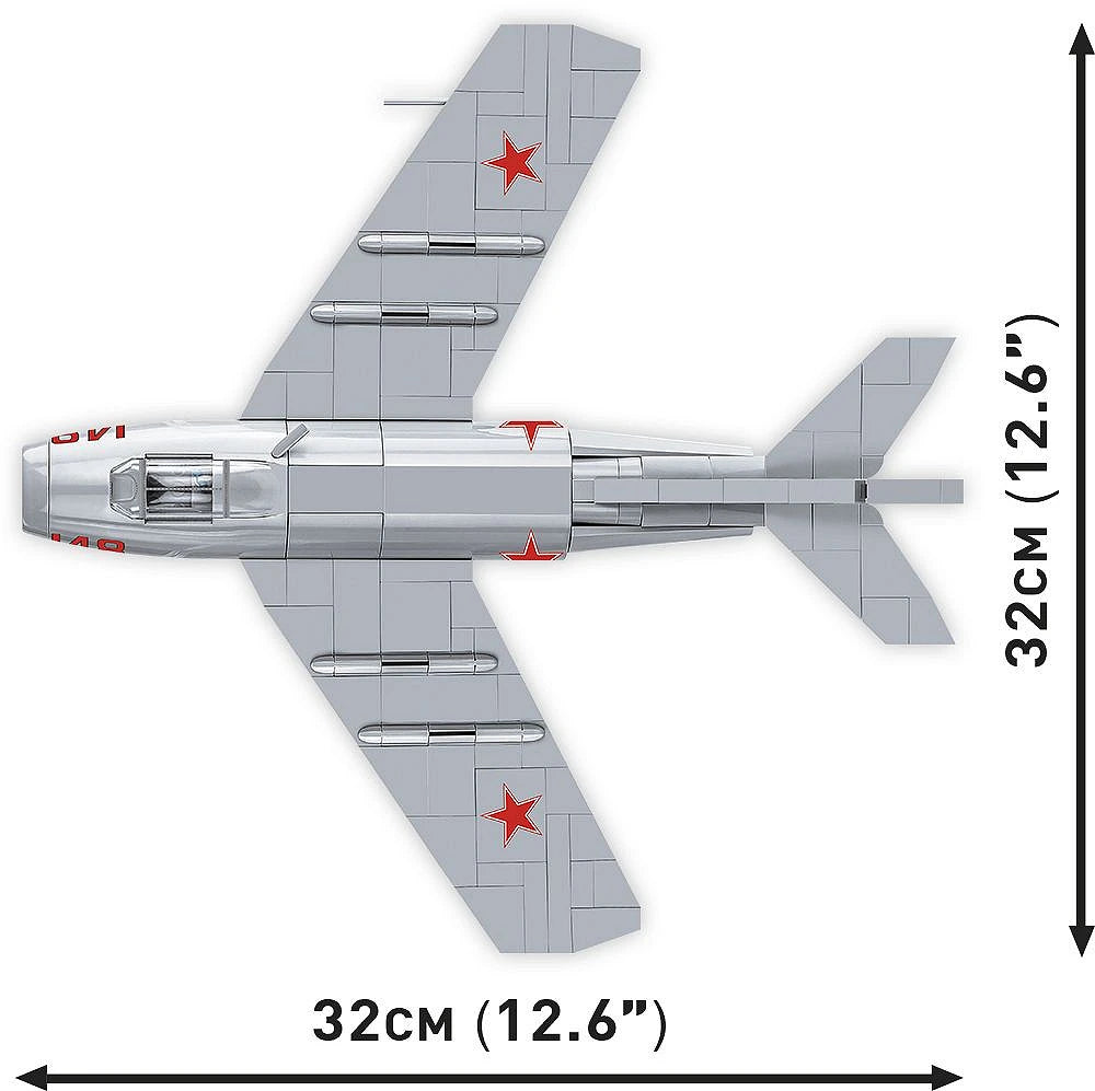 Top view of COBI MiG-15 Fagot showing 32 cm length and 32 cm wingspan