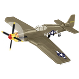 Olive green COBI Mustang P-51B aircraft model shown from the front and side
