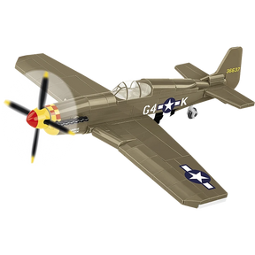 Olive green COBI Mustang P-51B aircraft model shown from the front and side