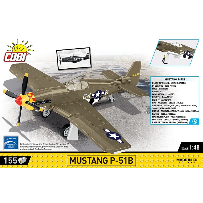 COBI Mustang P-51B 155 piece building set back panel showing the aircraft model, specification panel and landing gear feature