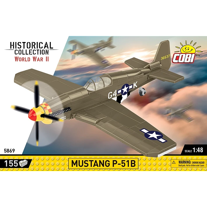 COBI Mustang P-51B 155 piece building set front panel showing the olive green aircraft model in flight