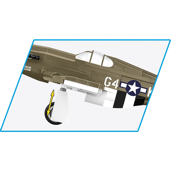 Close view of the COBI Mustang P-51B landing gear with a movement arrow