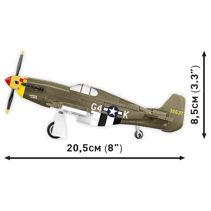 Top view of the COBI Mustang P-51B model showing 23 cm wingspan and 20.5 cm length