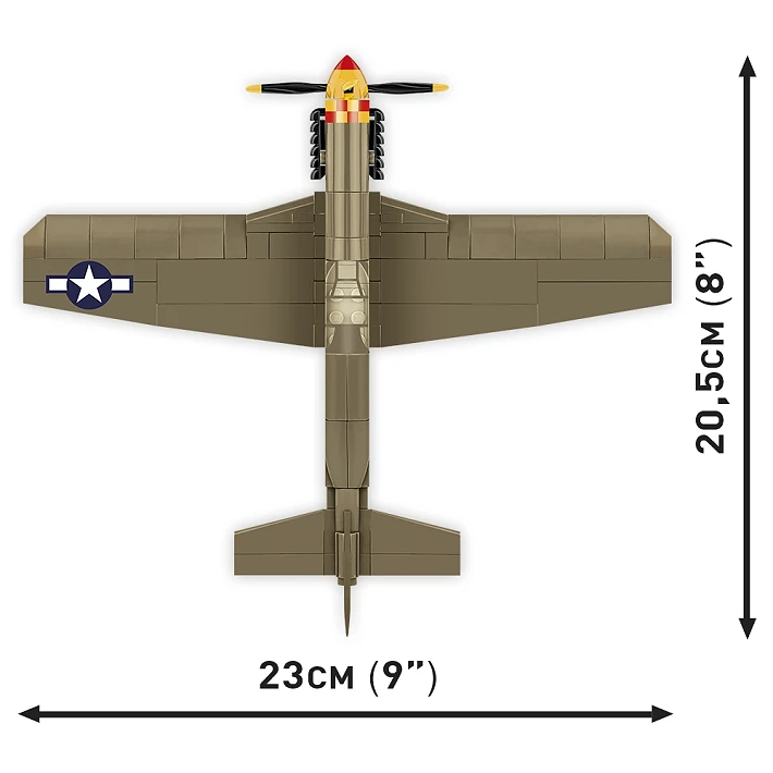Top view of the COBI Mustang P-51B model showing 23 cm wingspan and 20.5 cm length