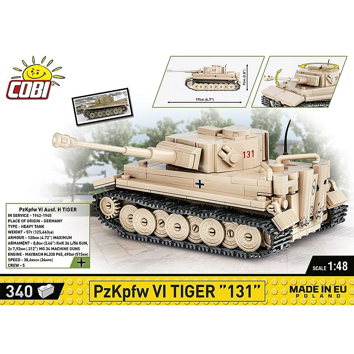 Back panel artwork for the COBI PzKpfw VI Tiger 131 340 piece building set showing the tank model, dimensions and moving features