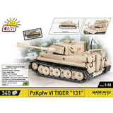 Back panel artwork for the COBI PzKpfw VI Tiger 131 340 piece building set showing the tank model, dimensions and moving features