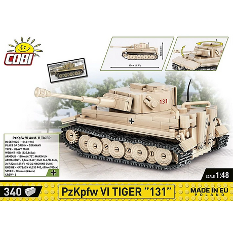 Back panel artwork for the COBI PzKpfw VI Tiger 131 340 piece building set showing the tank model, dimensions and moving features