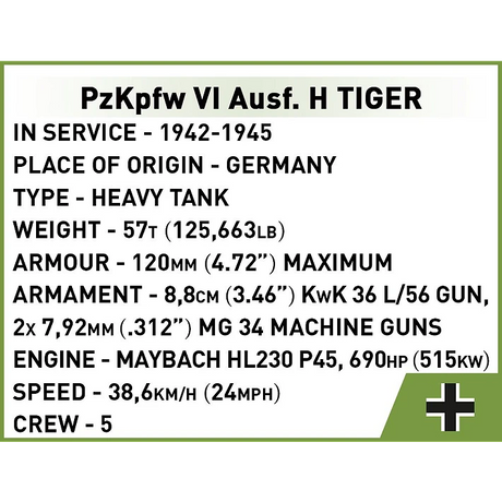 Historical specification panel for the PzKpfw VI Ausf. H Tiger tank