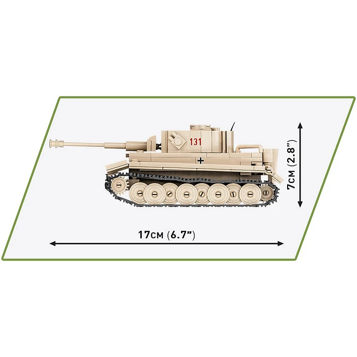 Side view of the COBI PzKpfw VI Tiger 131 model showing 17 cm length and 7 cm height