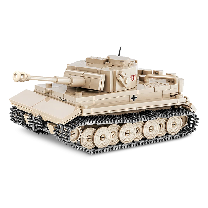 Tan COBI PzKpfw VI Tiger 131 tank model shown from the front and side.