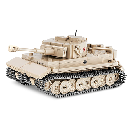 Tan COBI PzKpfw VI Tiger 131 tank model shown from the front and side.