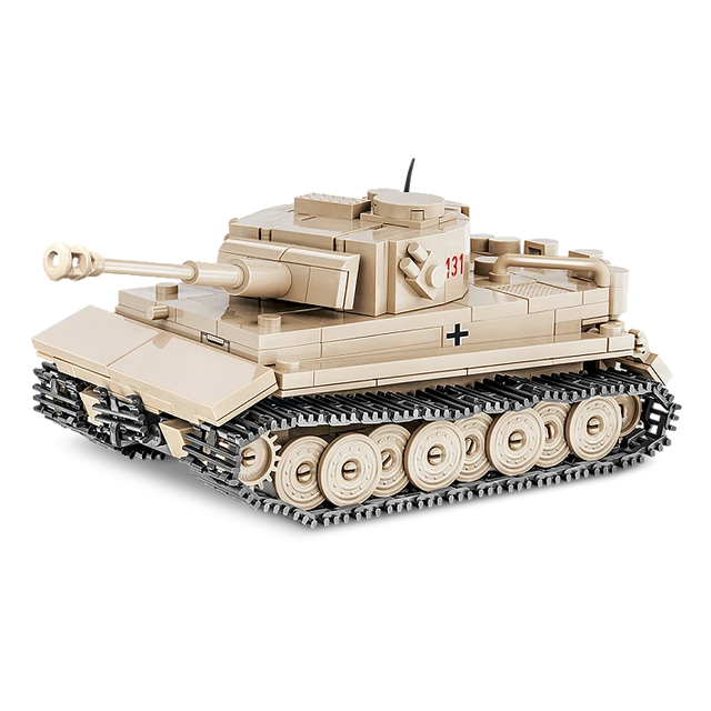 Tan COBI PzKpfw VI Tiger 131 tank model shown from the front and side.
