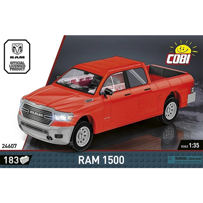 COBI RAM 1500 red pickup truck model shown from the front with 183 piece and 1:35 scale details