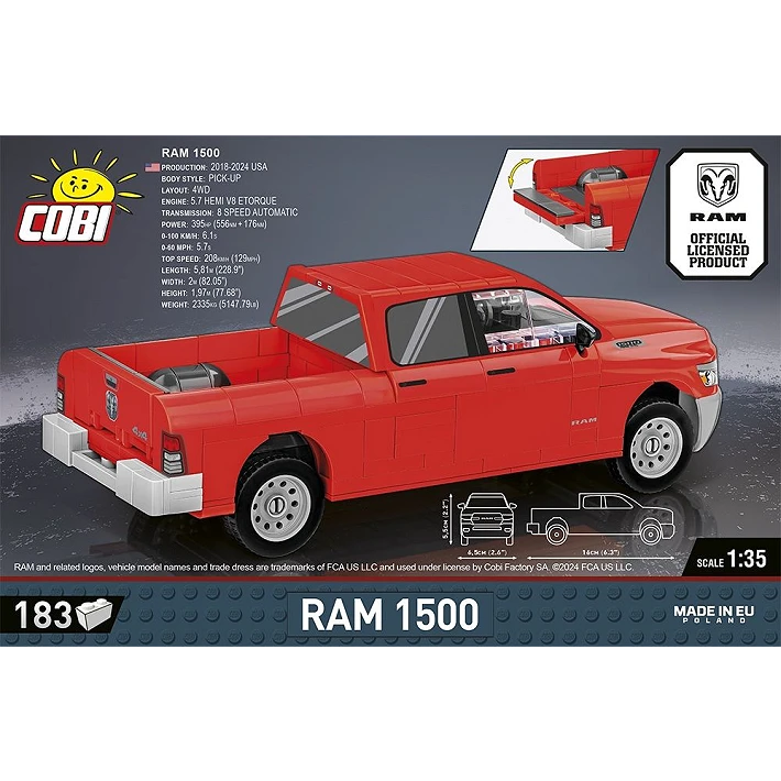 COBI RAM 1500 red pickup truck model shown from the rear with opening tailgate detail